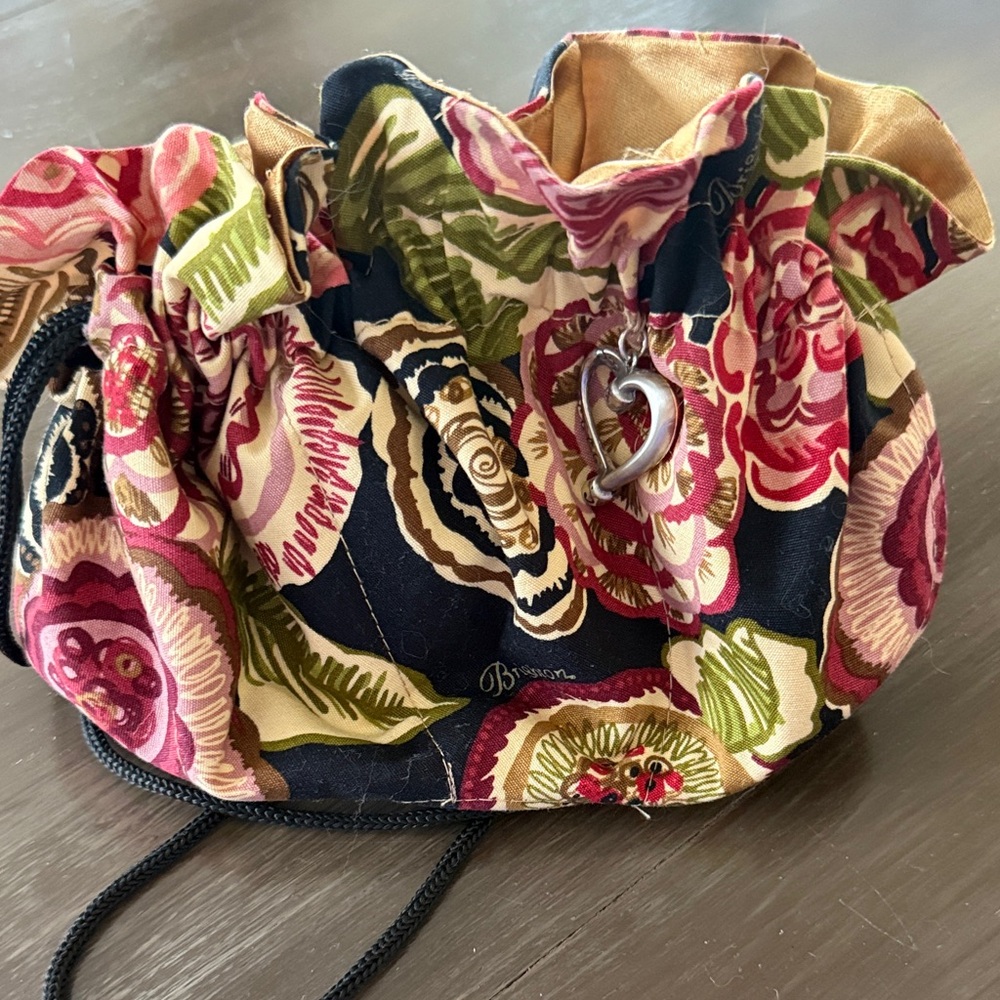 Brighton Black Floral(Retired Pattern) Drawstring Jewelry Pouch with Heart Charm
